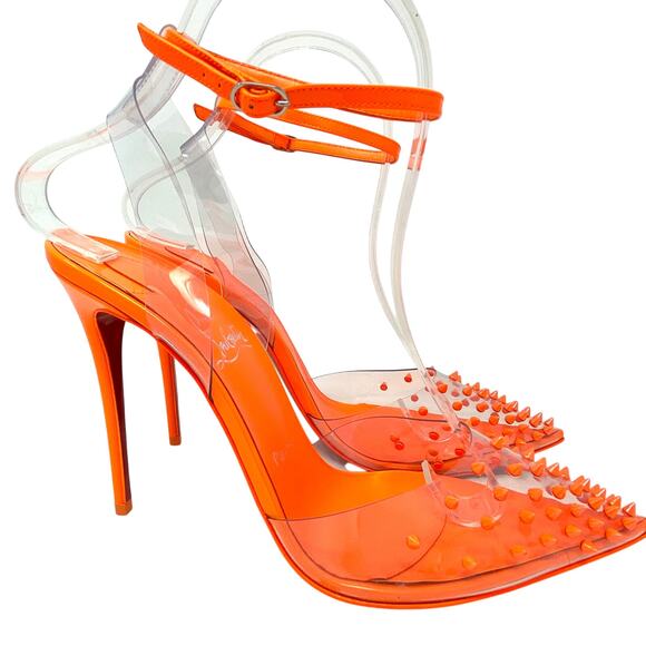 🔥 NWT Christian Louboutin Spikoo 100 Neon Fluo Orange PVC Spiked Heels 38.5 - Picture 5 of 13